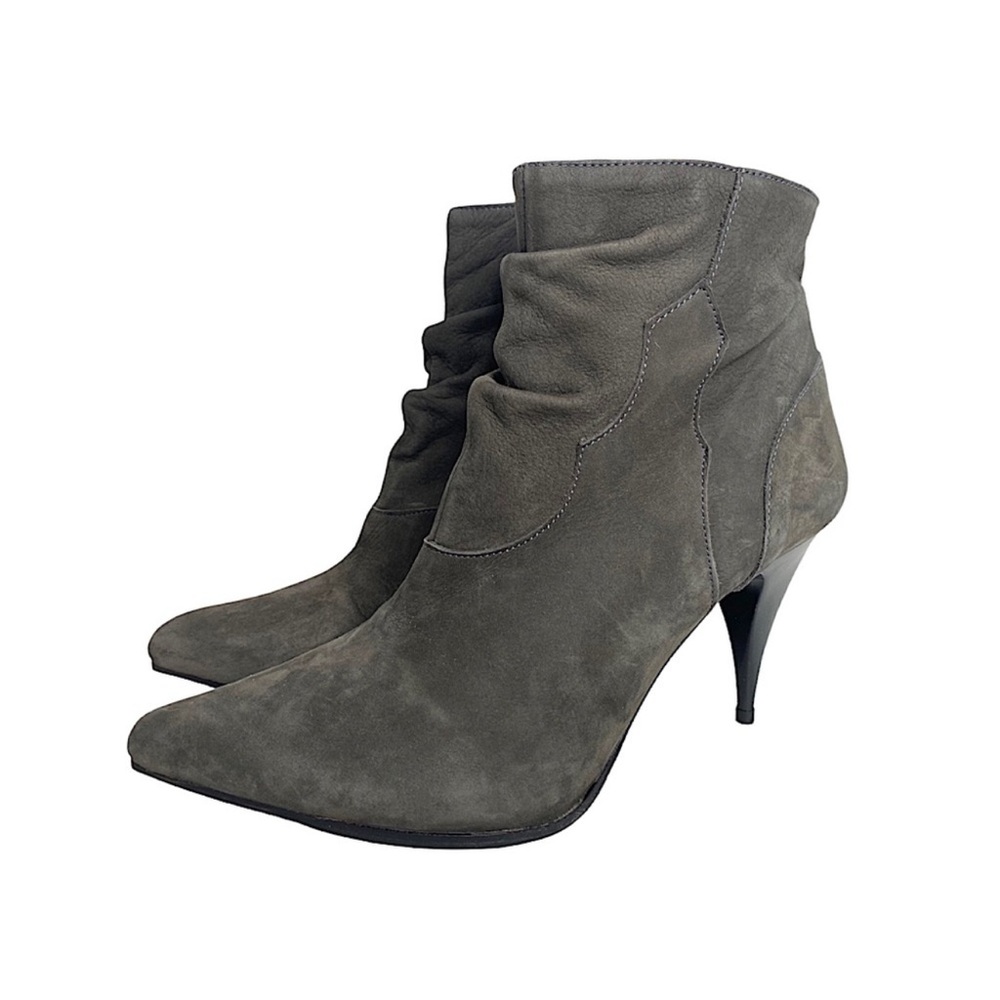 LUCA VALENTINI Nubuck Leather Bootie Slate Grey Rouched Pointed Toe Lacquer Heel